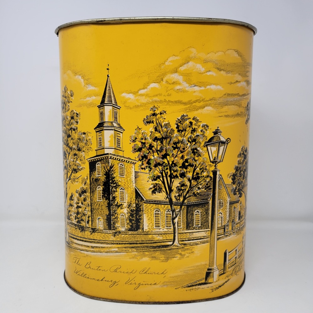 Vintage Cheinco Bruton Parish Church Williamsburg VA Metal Waste Basket Tin USA